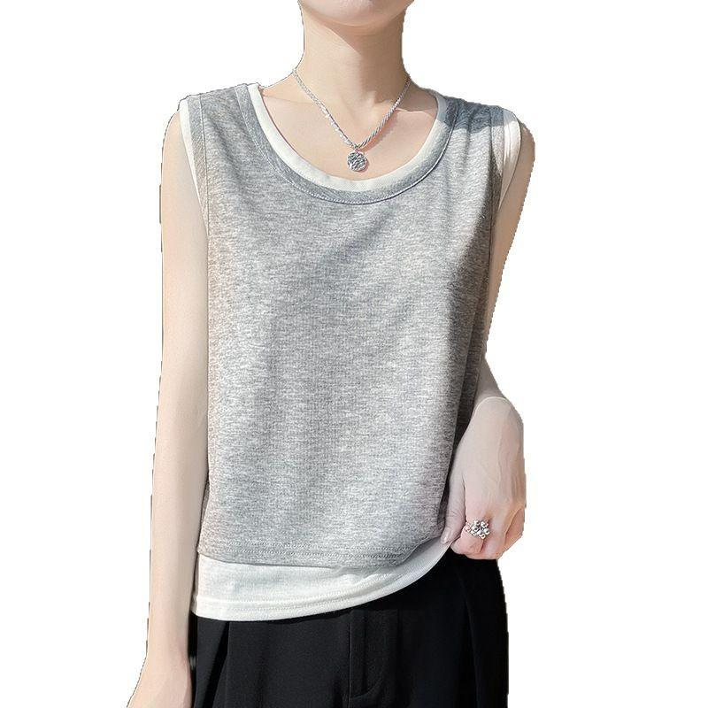 This Summer Double-layer Two-piece Knitted Sleeveless Vest Is A Versatile Low Round-neck Strappy Top