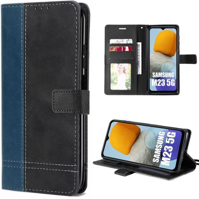 Coque pour samsung galaxy m23 5g - fermeture magnétique cuir pu bleu marine-noir