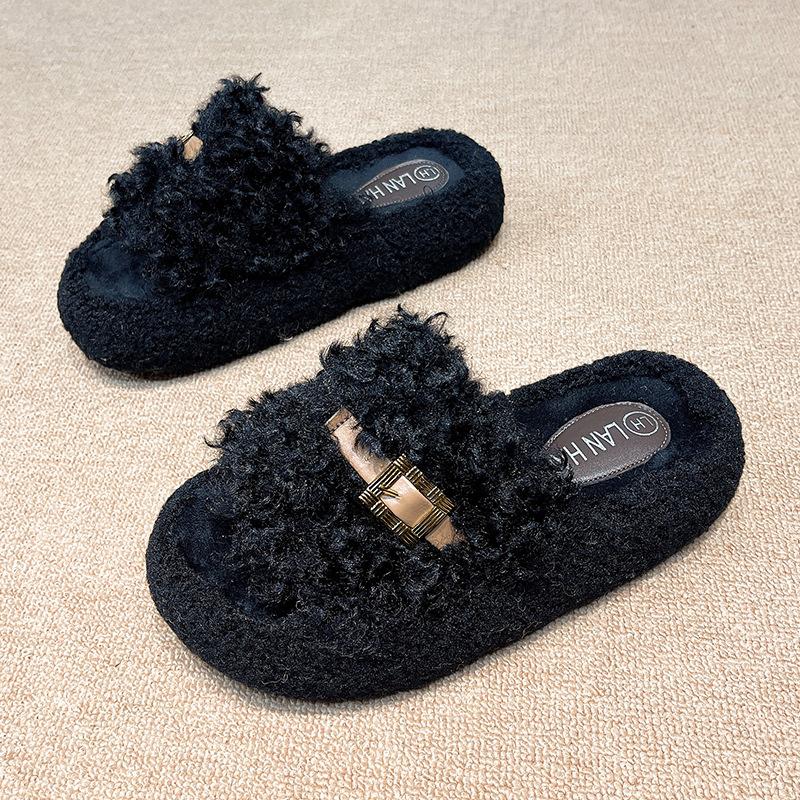 2025 autumn new muffin thick-bottomed fluffy slippers women's outer wear belt buckle one-word plush cotton slippers
