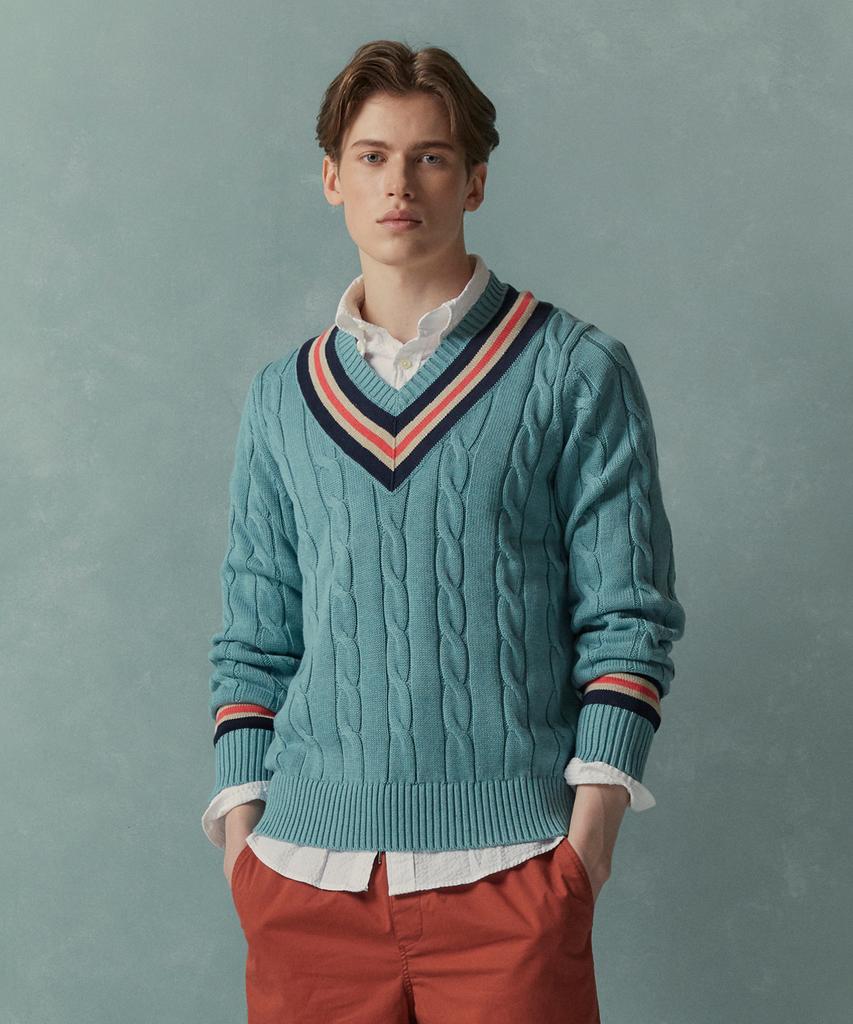 BROOKS BROTHERS Tennis V-Neck Cable Sweater (Light Blue) (Bbwnmmg102)
