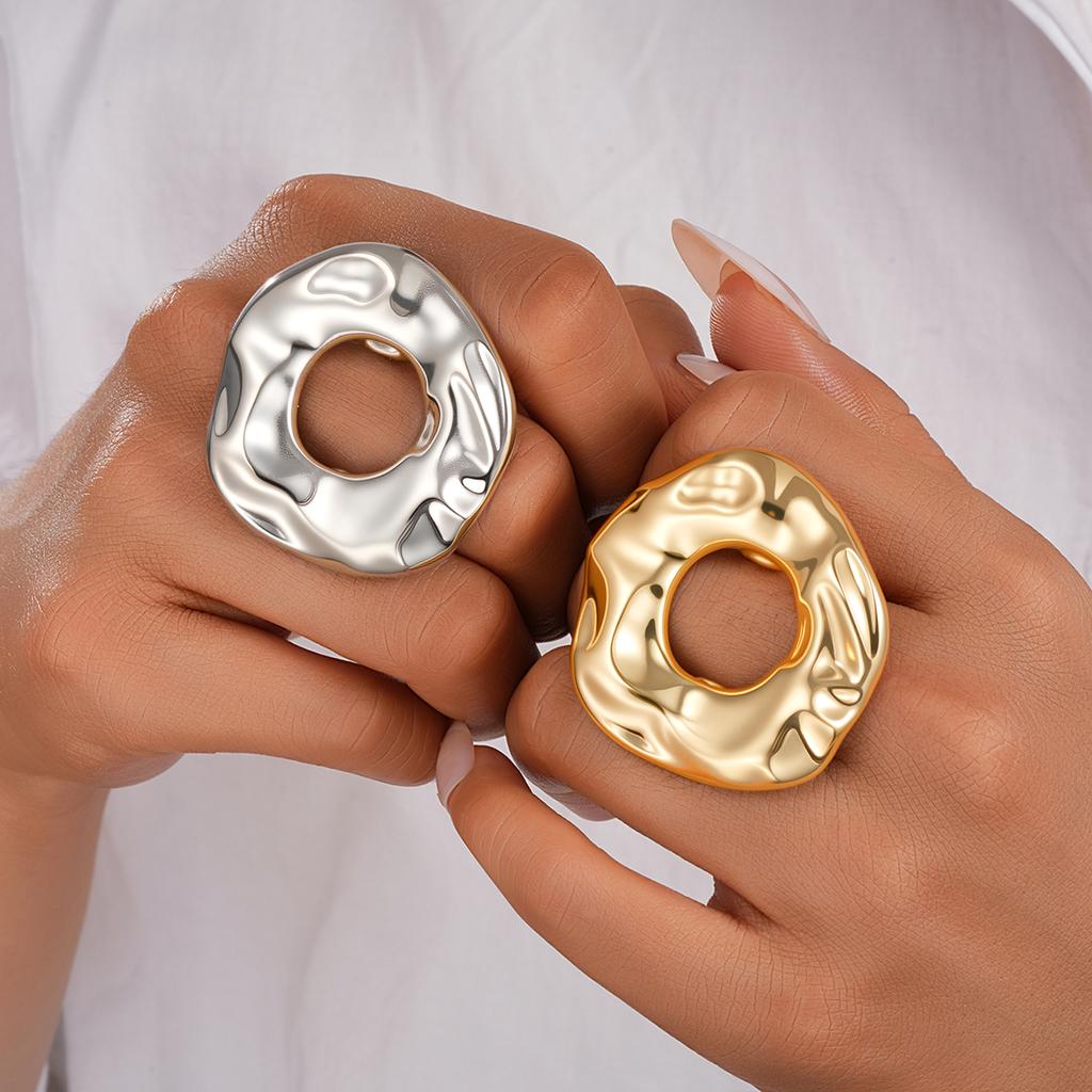 2Pcs/Set Geometric Irregular Big Round Rings For Women Simple Gold Silver Color Hollow Out Rings Set Trendy Female Party Jewelry
