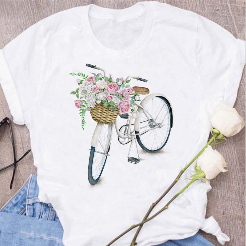 Woman Funny Bicycle Floral Print T Shirt Harajuku Women Tshirts Casual O-Neck Short Sleeves Tops Tees Shirt,Drop Shipping
