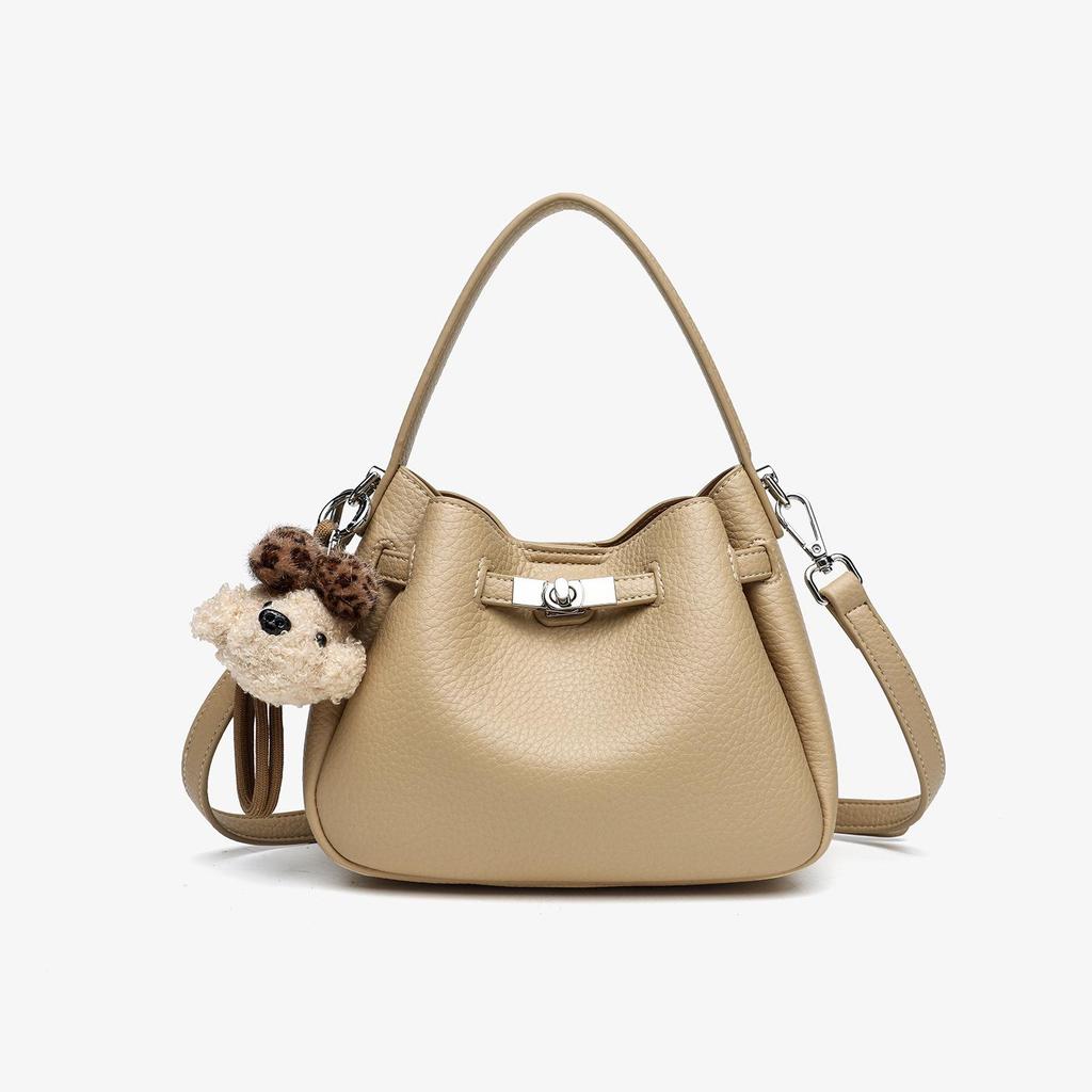 Korean Style Genuine Leather Bucket Bag with Cute Dog Pendant - Versatile Crossbody and Shoulder Bag for Women