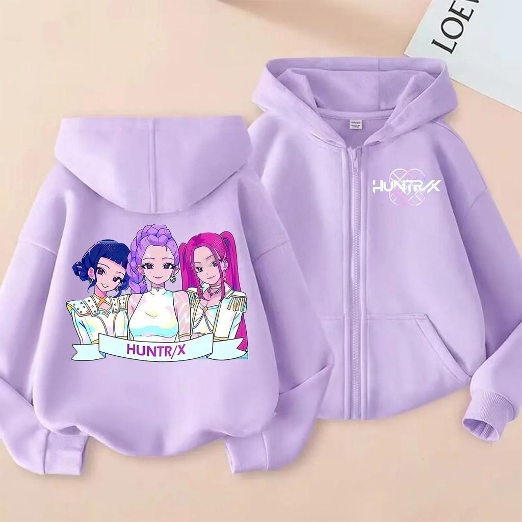 KPop Demon Hunters Zipper Hoodie Cartoon Girls Coat Fashion Thin Clothes Purple Autumn Hoodie Jacket Kids Anime Sweatshirt