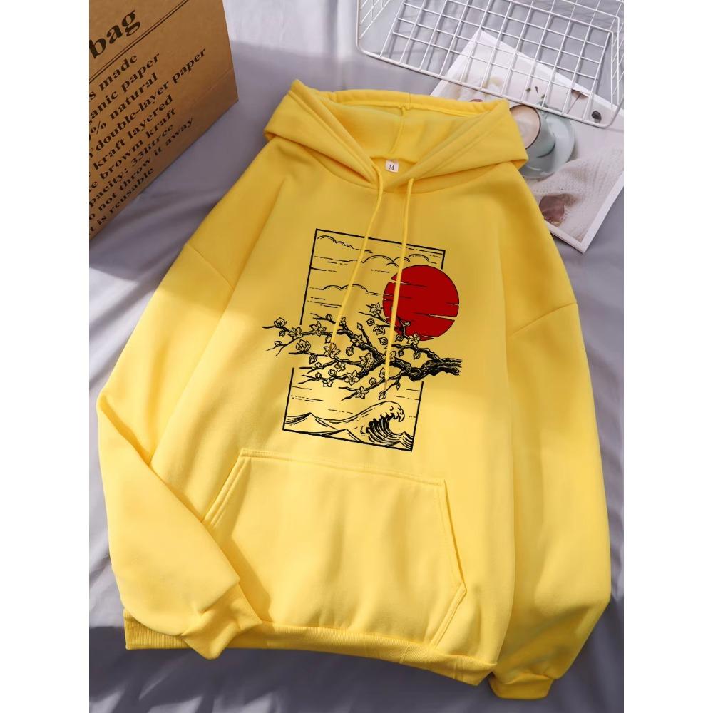 Japanese Cherry Blossoms Printing Hoodies Womens Winter Fleece Warm Sweatshirts Casual Pocket Tops Street Womans