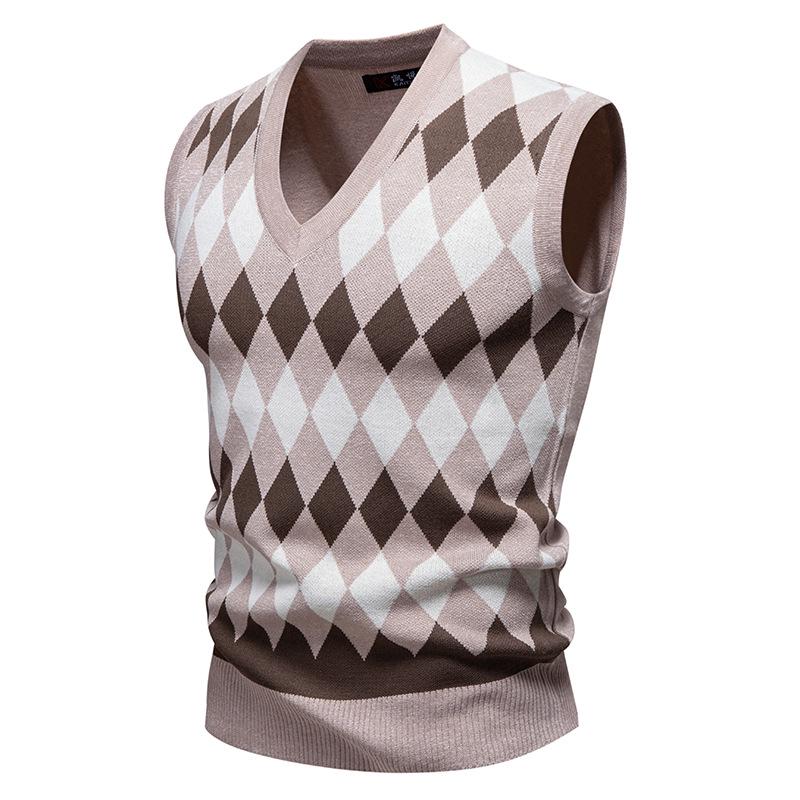 Men's Trendy V-Neck Plaid Color Block Knit Vest - Autumn/Winter Casual Warm Layer