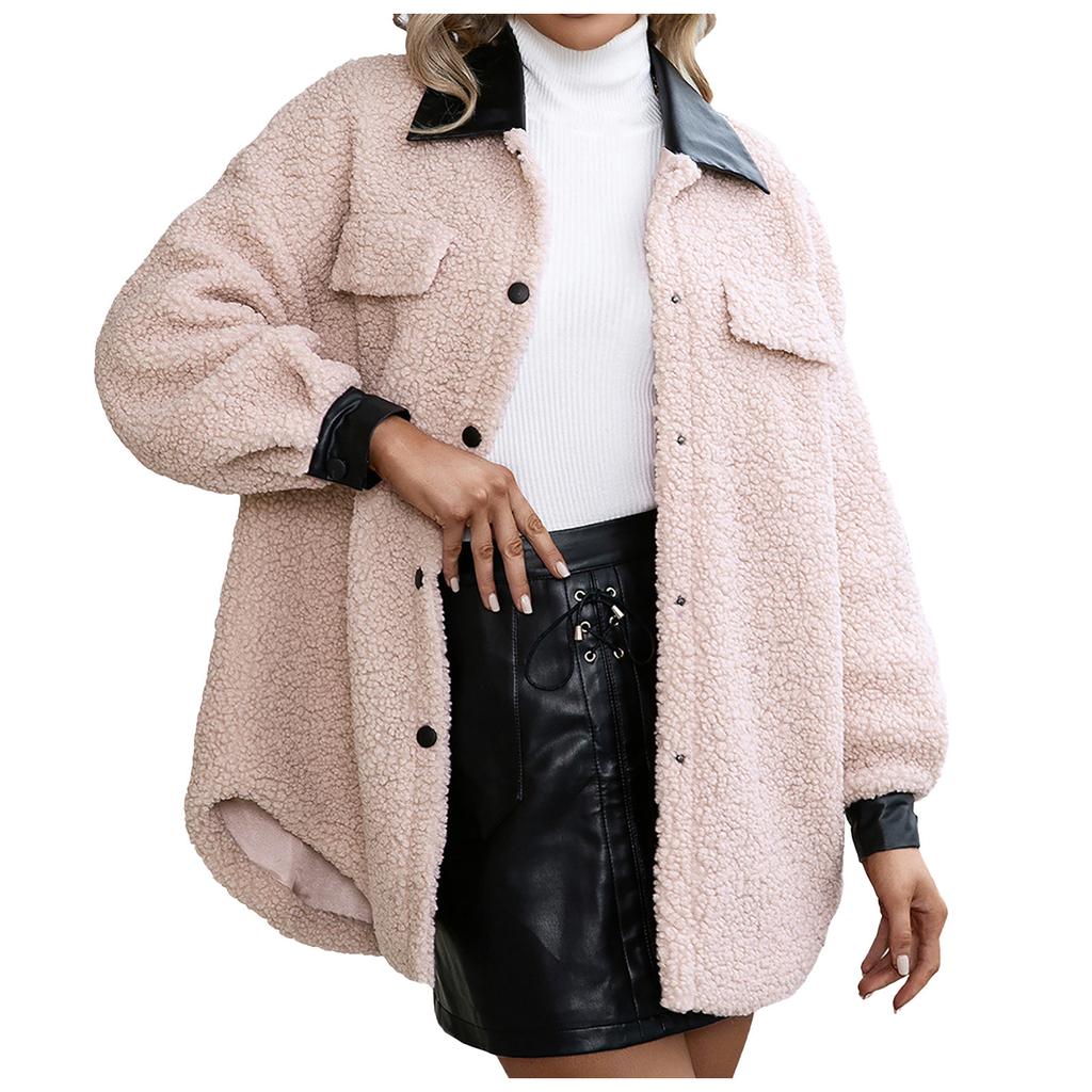 Women's  And Winter Loose Solid Color Stitching Long-sleeved Lapel Lambskin Single-breasted Warm Jacket Coat