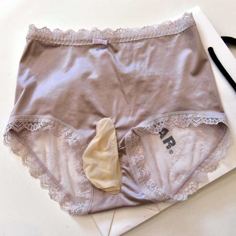 Men Sexy Panties High Waist Satin Underwear Crossdressing Sissy Underpants Lace Large Size Hip Lift Briefs Breathable Lingerie