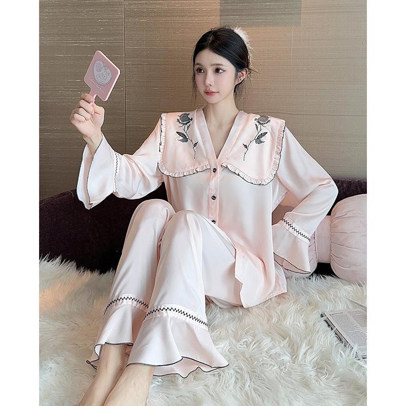 Rose Doll Collar French Sweet Ladies Pajamas Ice Silk Autumn and Winter Long Sleeve Comfortable Homewear Set
