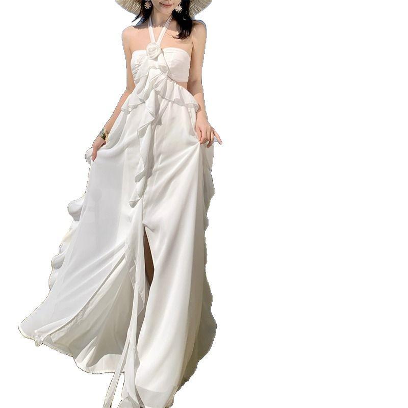 French Stunning Lotus Leaf Edge Chiffon Suspender Dress Summer Fairy Dew Waist Tube Top Holiday Dress Children