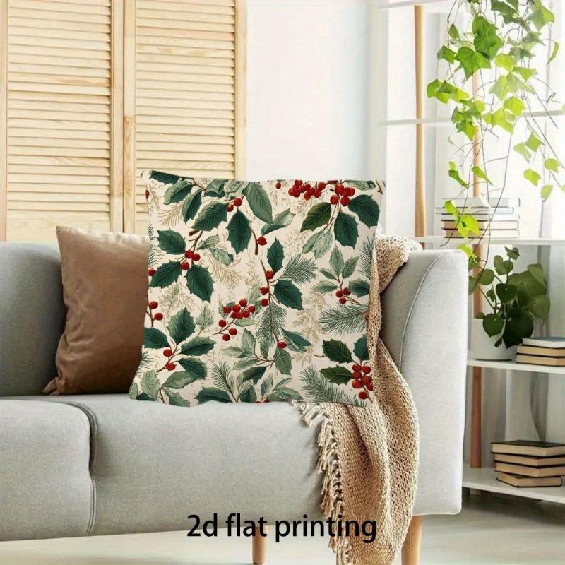 Double Sided Christmas Holly Berry Pillow Cover Vintage Green Red Leaves Print Soft Throw Pillow Case For Holiday Home Decor