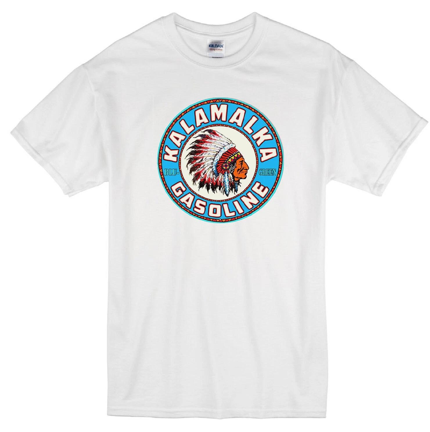 KALAMALKA MOTOR OIL GASOLINE INDIAN CHIEF BLU-GREEN RETRO LOGO WHITE T-shirt 2XL