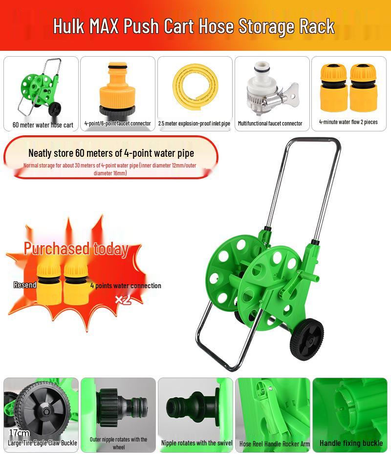 30m Water Hose Reel Cart & Garden Water Gun with 4-Point Storage Rack