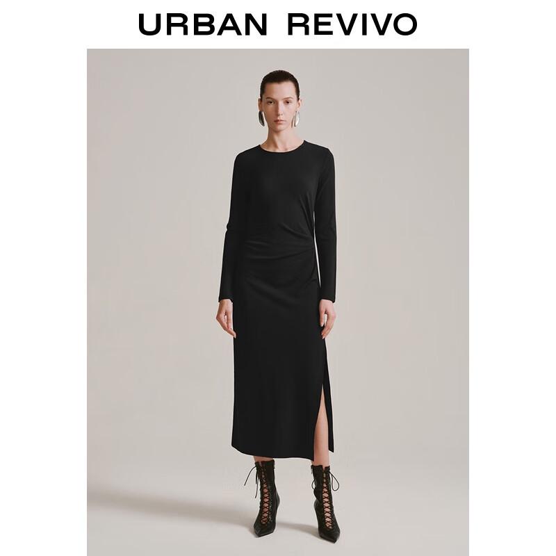 

UR 2025 Winter Women s Elegant Pleated Slit Round Neck Long Sleeve Dress M