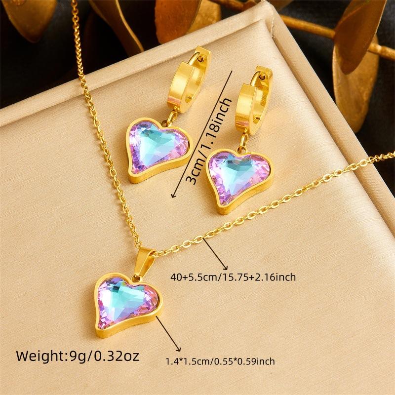 gold heart crystal jewelry set necklace earrings for women