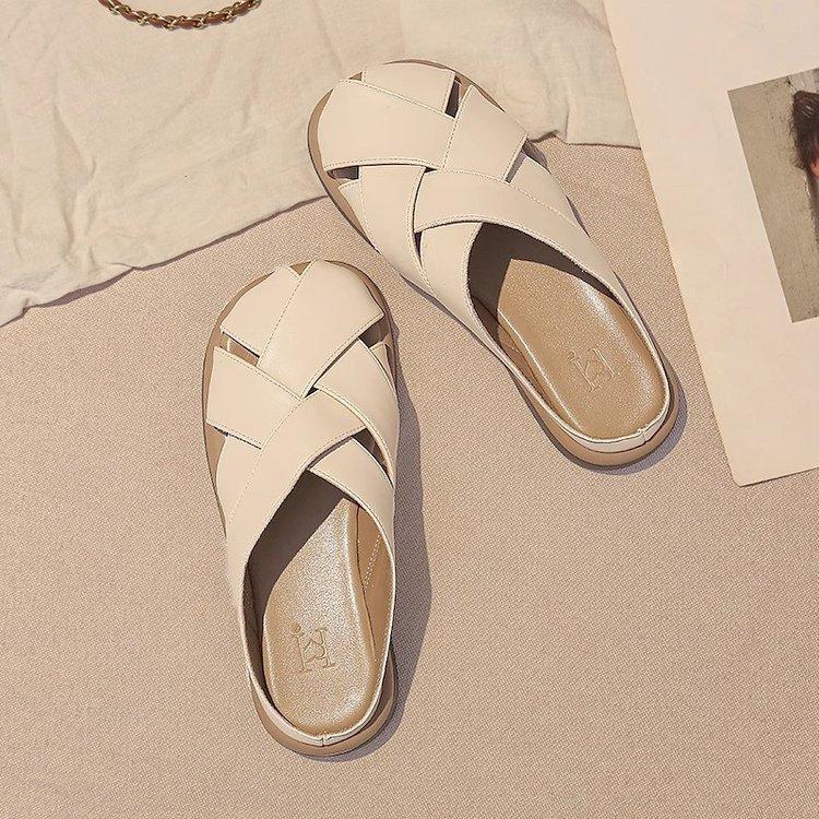 Leather Version~ Retro Bag Head Slippers Women's Summer Wear 2025 New Versatile Woven Roman Sandals Flat-bottomed Slippers
