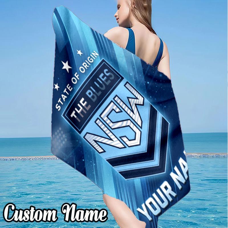 Custom Name NSW Blues Beach Towel - Soft, Ultra-Absorbent Microfiber, Lightweight, Perfect for Beach, Parties, Travel, Camping