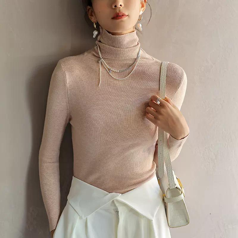 2024 Women's Versatile Slimming Turtleneck Knit Top - Semi-High Neck, Long Sleeve for Spring, Autumn, Winter.