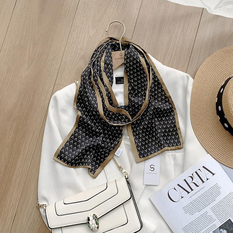 Ins Style Minimalist Double-Sided Striped Simulated Silk Long Scarf Satin Double Layered Scarf French Elegant Retro Headband