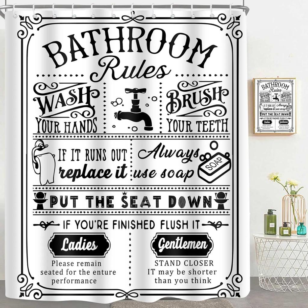 Funny Quotes Shower Curtain Cool Black and White Bathroom Rules Shower Curtains Fun Cute Toilet Sayings Fable Motto Bathroom