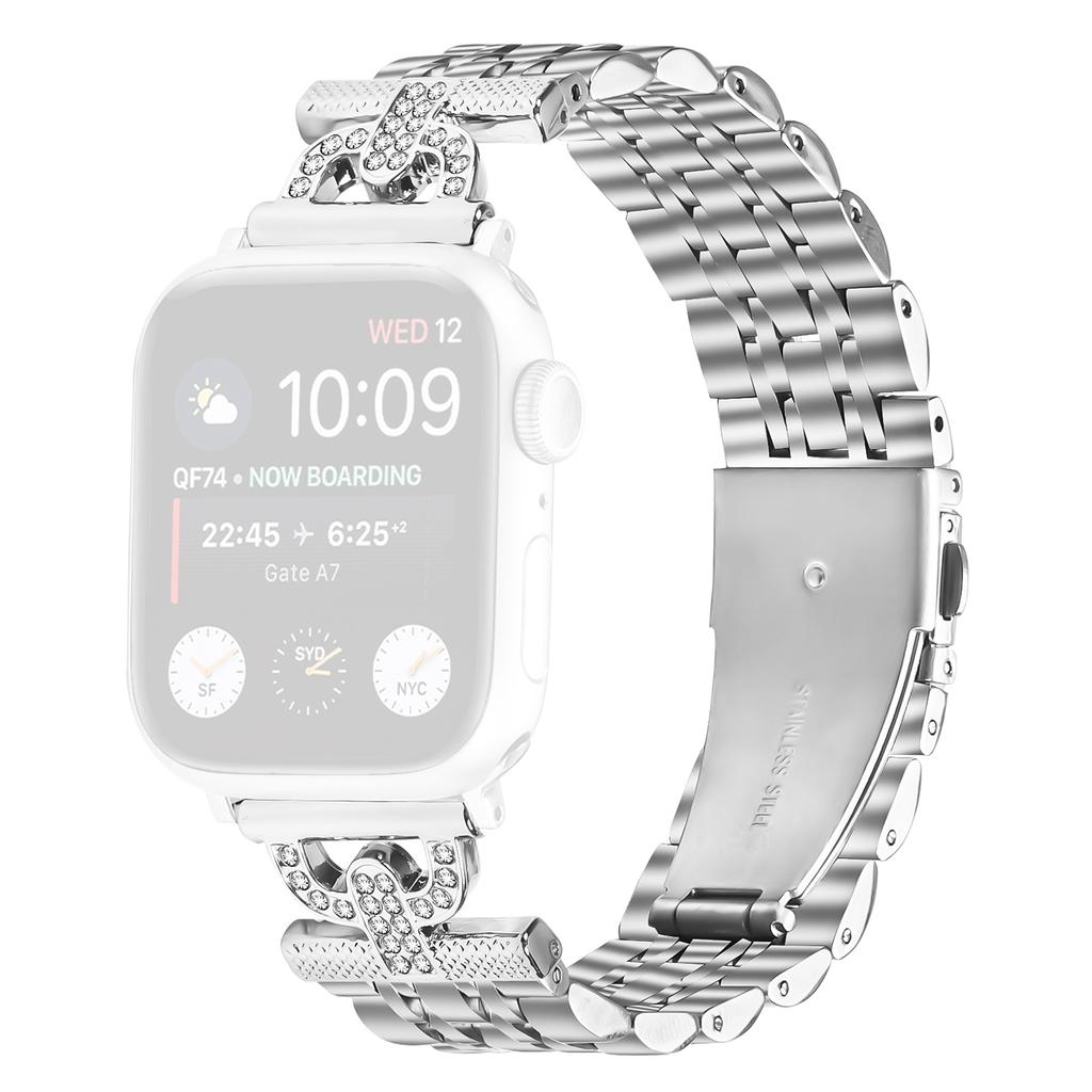 Watch Band for Apple Watch Series 11 10 42mm/9 8 7 41mm/SE3 SE2 SE 6 5 4 40mm/3 2 1 38mm Rhinestones Decor Silver Stainless Steel Strap