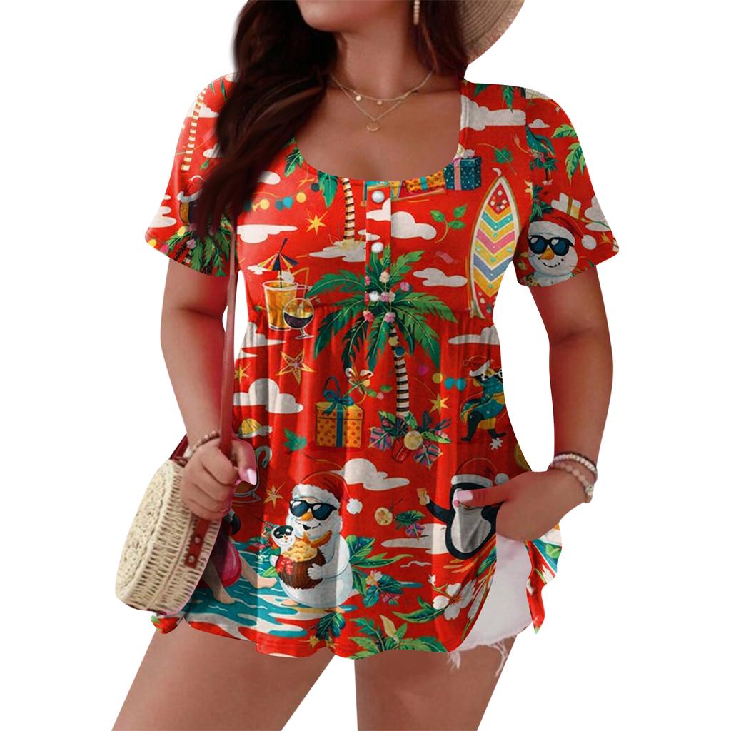 Women's Fashionable Casual Short Sleeve Loose Fit Button Front Printed Blouse