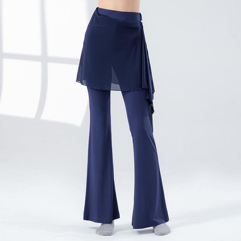 Modern Dance Pant Women Long Microflared Latin Trousers Mesh Wrap Skirt Classical Practice Costume Stage Line Dancewear Female