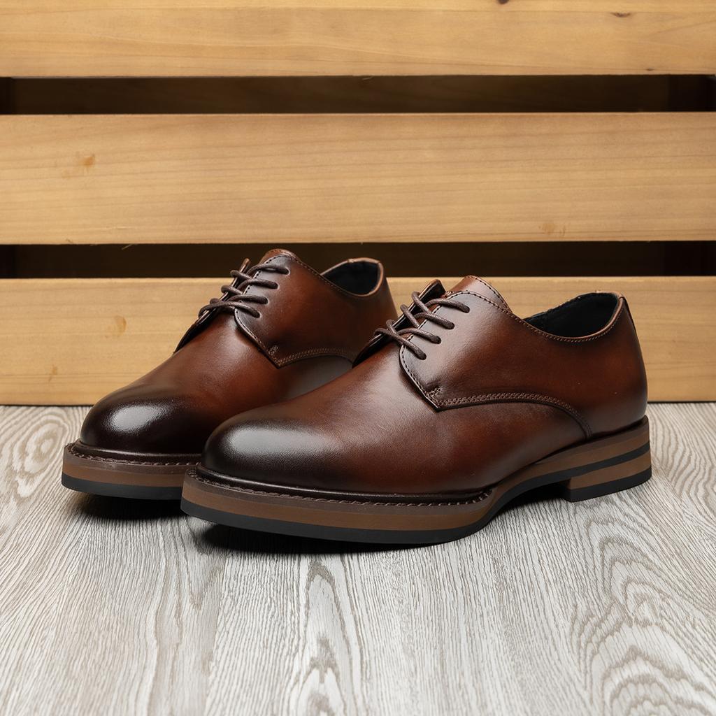 2025 Direct Supply of British Retro Casual Leather Shoes Men's Genuine Leather Business Dress Thick-soled Wedding Groom Derby Shoes