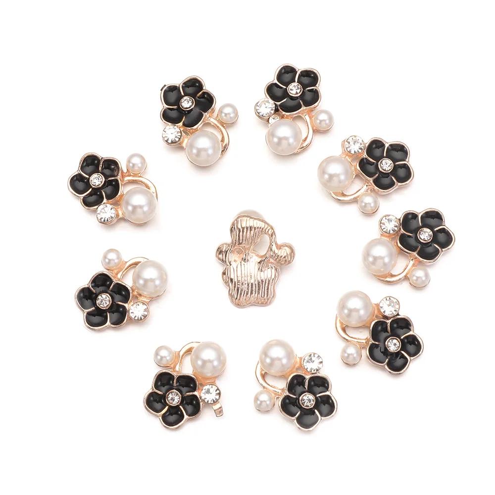 10PCS Flower-shaped Pearl Rhinestone Buttons Sparkling Crystal Hairpins Decoration Buttons Clothes Apparel Sewing Accessories