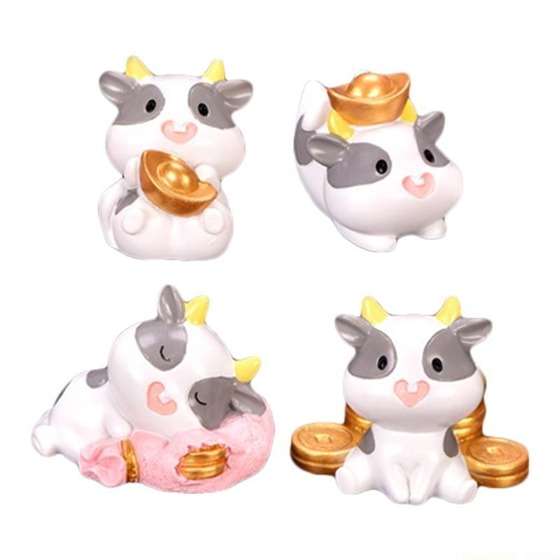 QX2E 4pcs Bullion Cattle Micro Landscape Figurine Ornaments Resin Craft Miniature Fairy Garden Decoration New Year Gift