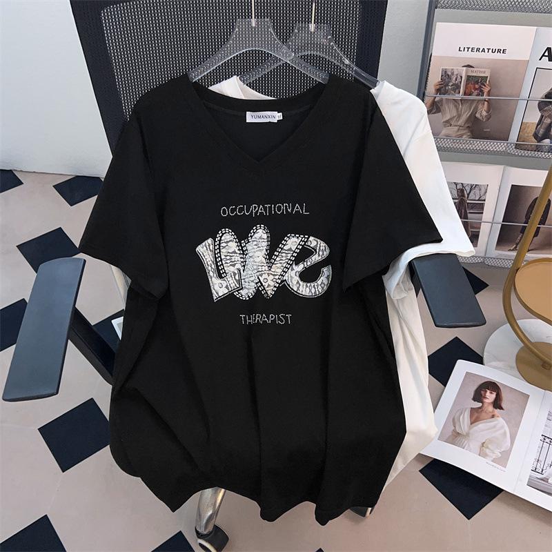 

Women s Plus Size V-Neck Slimming Loose Mid-Length Short-Sleeved T-Shirt, Fits 200/300/350 Jin, Style 1048. 5XL білий