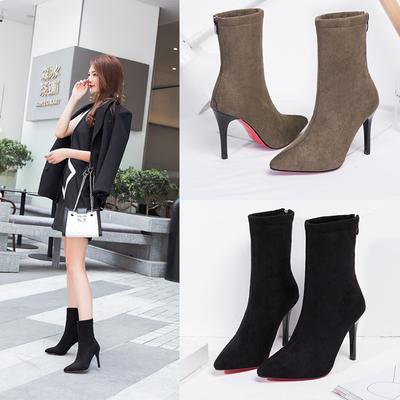 Moda Otoño Invierno 2025 Nuevas Botas Cortas de Terciopelo con Tacón Alto Punta Fina Color Sólido Tacón Fino Gamuza Botas Tipo Calcetín Versátiles Elásticas Mujer