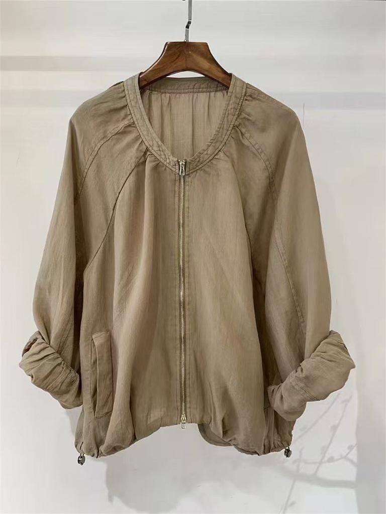 Johnature Giacca con cerniera giapponese da donna Primavera Larga Casual Versatile Coulisse Sottile Protezione Solare Cappotti da Donna
