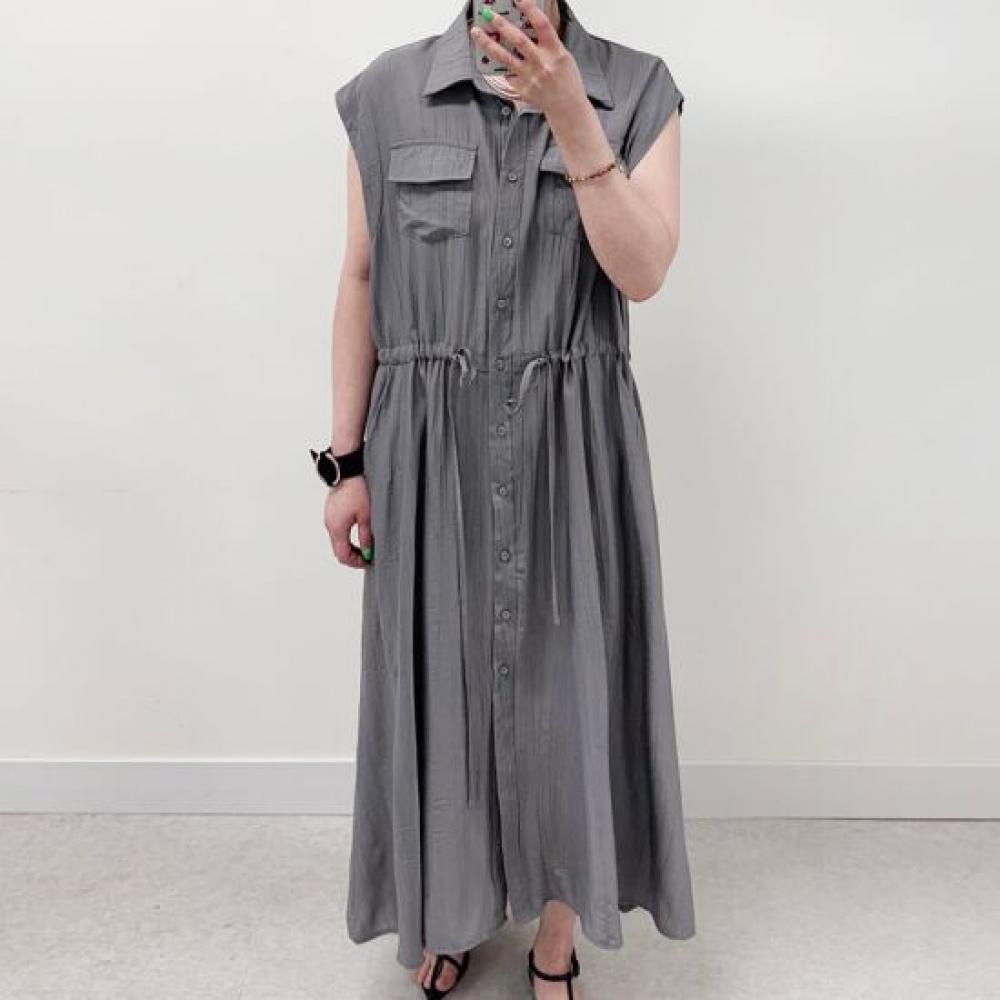 Mizqz Women Kara Two Pocket String Button Sleeveless Shirt Dress Big Size