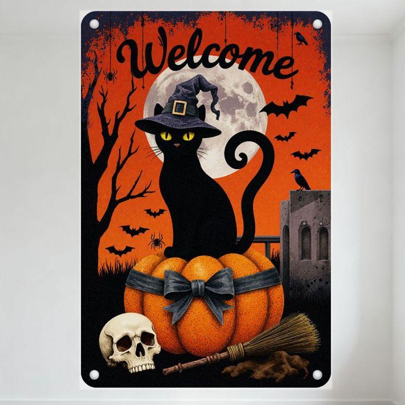 

Halloween Welcome Black Cat Pumpkin Full Moon Metal Tin Sign, Witch Hat Skull Broom Bat Tree Castle Decor for Home Bar Pub Wall 20x30cm（7.8x11.8inch）
