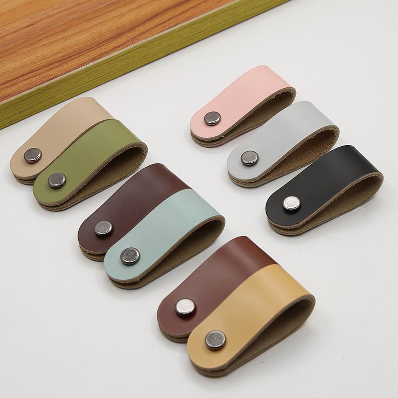 Leather Handle for Cabinet Door and Drawer - Single Hole, Pure Copper Accents