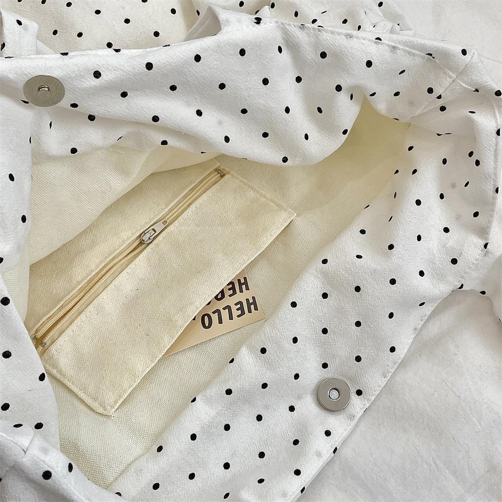 Pleated Retro Dot Women's Canvas Shoulder Bags Large Capacity Female Underarm Bag Solid Color Girls Travel Tote Purse Handbags