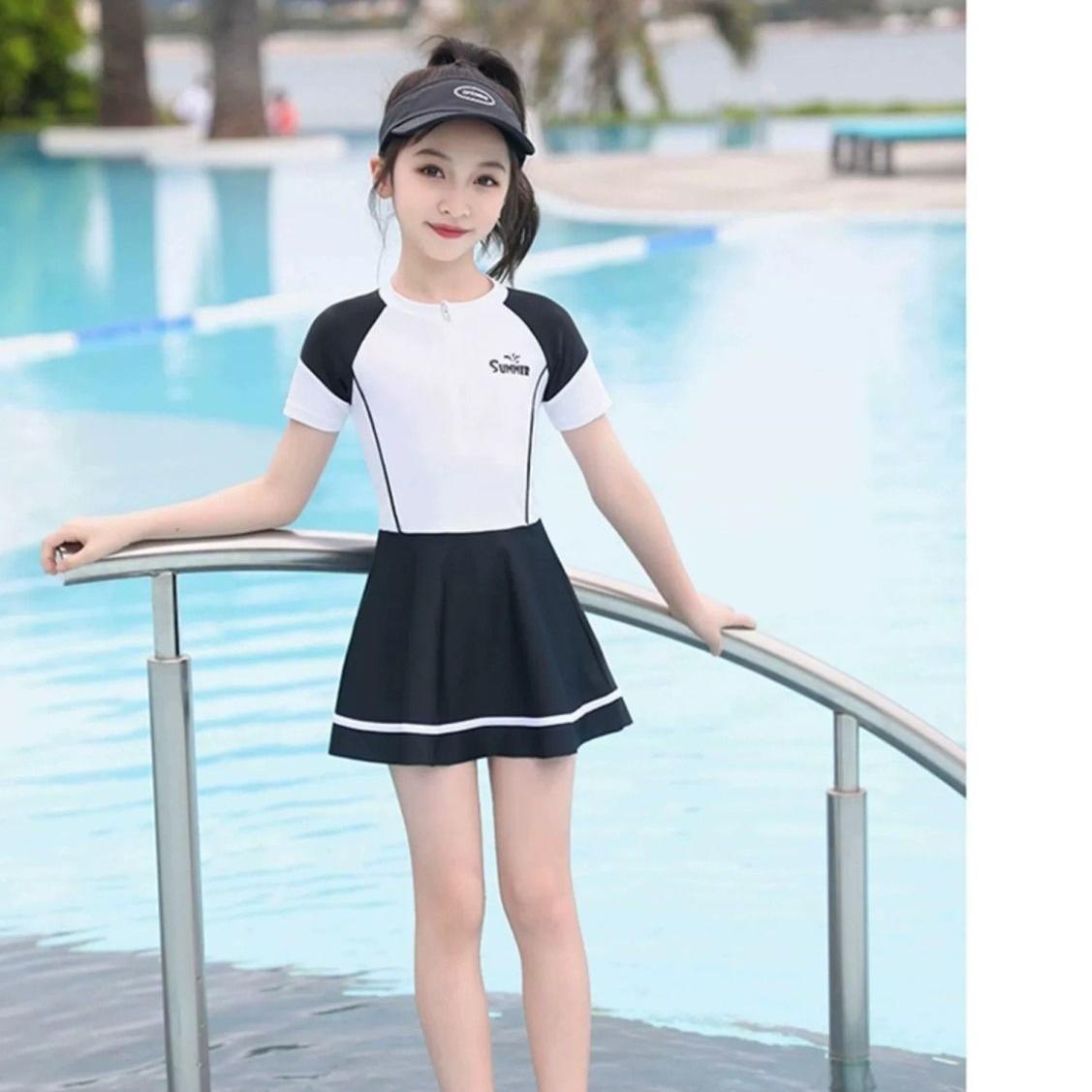 Children s swimsuit girls summer small middle and large children split princess skirt short sleeve sunscreen girls swimsuit 390-1# (3-8 years old)