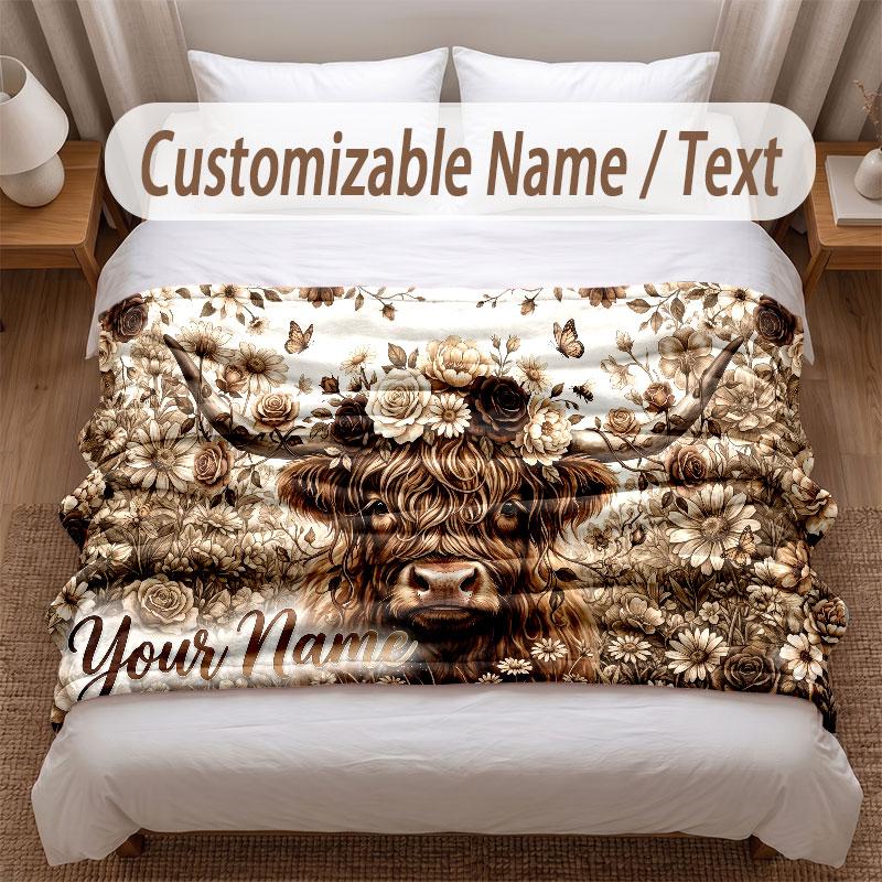 Highland Cow Theme Soft Blanket Personalized Custom Name Text Print Warm Blanket Home Sofa Bedroom Decor