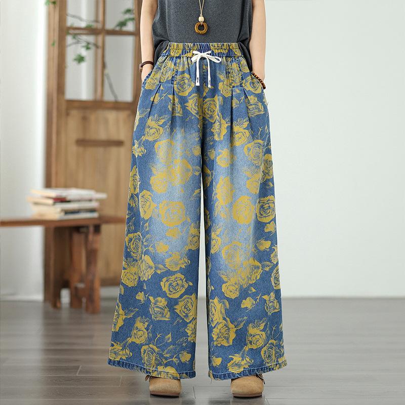 

Женские джинсы в винтажном стиле с цветочным принтом, с высокой талией, свободные, повседневные, прямые, летние, повседневная уличная одежда 2XL синий