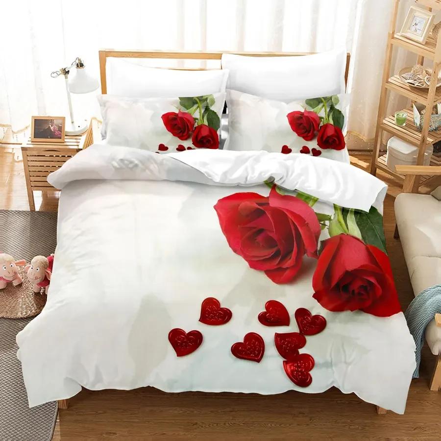 Comforter Red Roses Queen Size King Full 3D Bedding Sets Flower Quilt Linens Single Double Bed