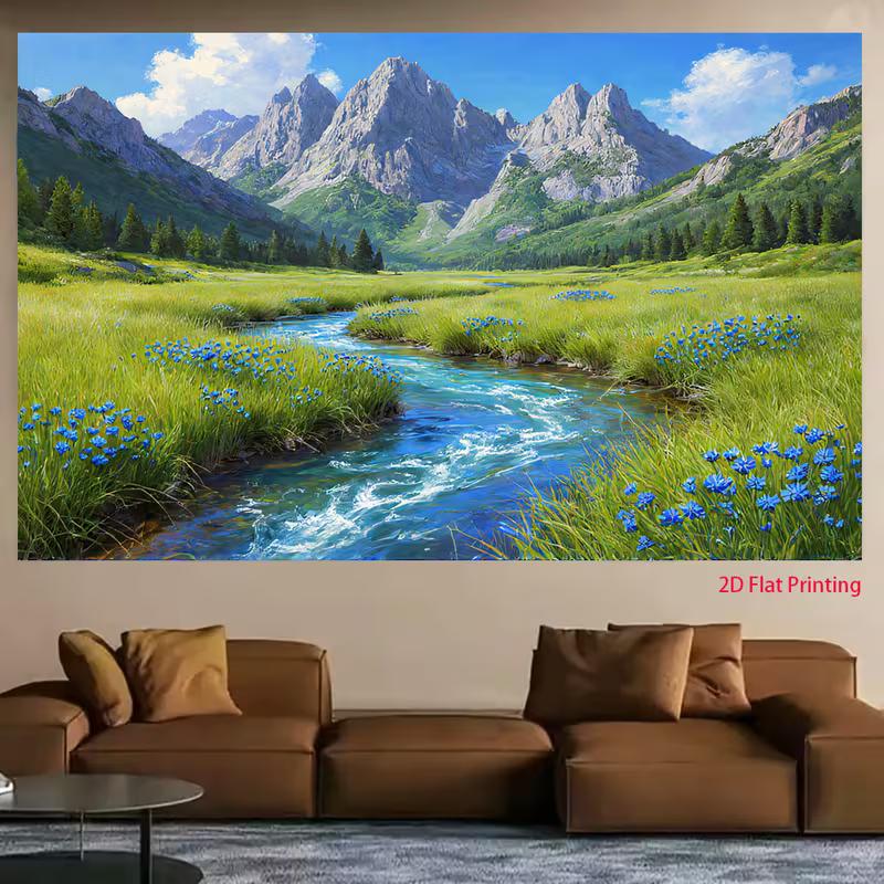 2D Alpine Mountain Tapestry with Flowing River and Wildflowers 47.2x31.5inch/120*80cm