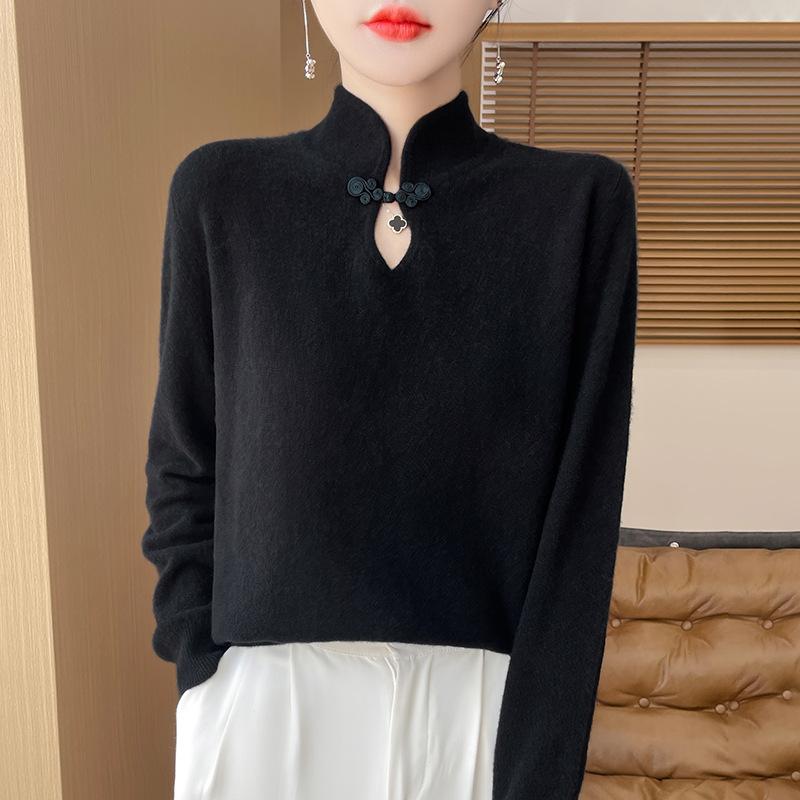 National Style Collar Disc Button Long Sleeve Knitted Bottoming Sweater Women's Slim Inner  Sweater
