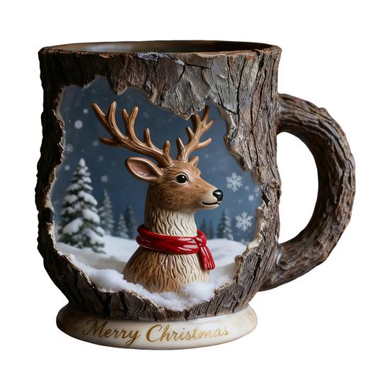 Festive Christmas Mug 3D Tree Bark Texture Themed Santa Reindeer Coffee Cup Resin Holiday Decor Novelty Gifts
