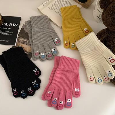 Autumn and Winter Warm Knitted Gloves for Students Cycling Creative Funny Five-finger Expression Full-finger Gloves