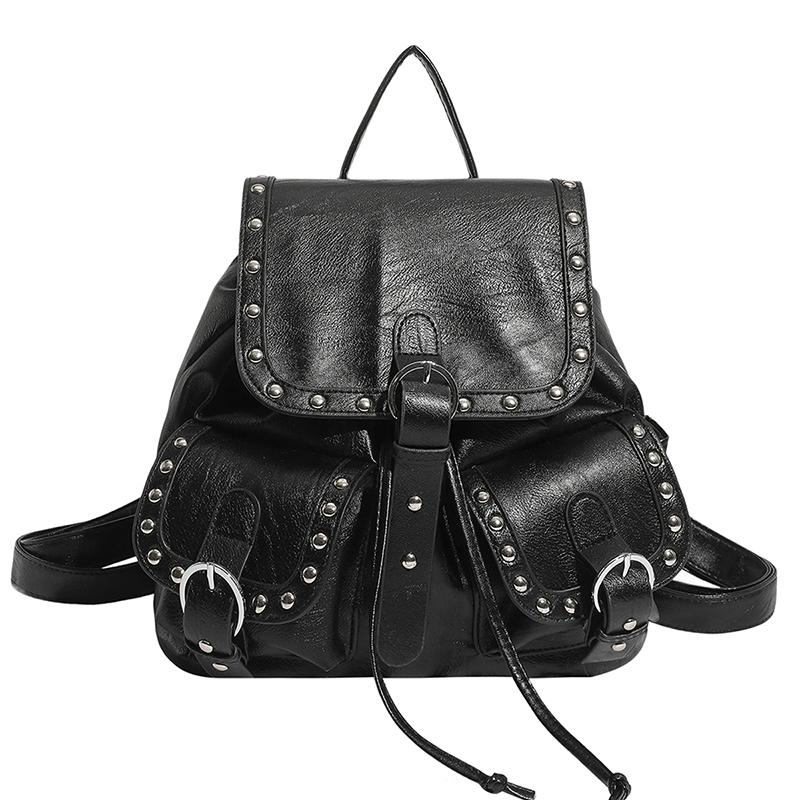 Studded Leather Backpack Women's Fashionable Vintage Style Bag with Adjustable Straps and Multiple Pockets