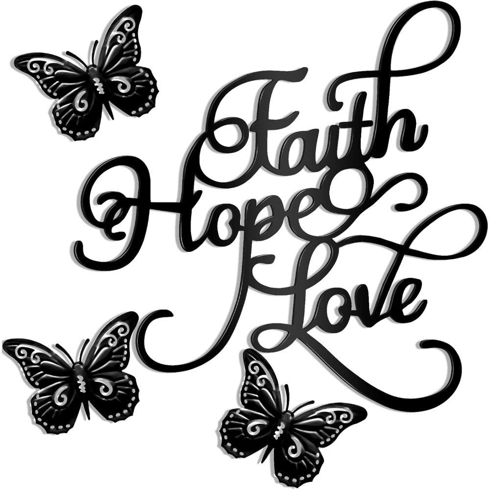 

Metal Wall Art Set 4 Rustic Black Love Sign Faith Hope Butterfly Decor Vintage Home Hanging Ornament TY6527