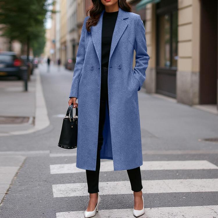 Women Fashionable Color Lapel Long Sleeved Woolen Coat