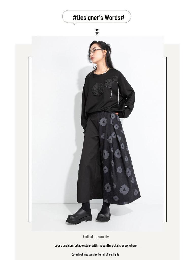 2025 Autumn Asymmetrical Wide-Leg Retro Patchwork Culottes: Women's Casual Dark Style