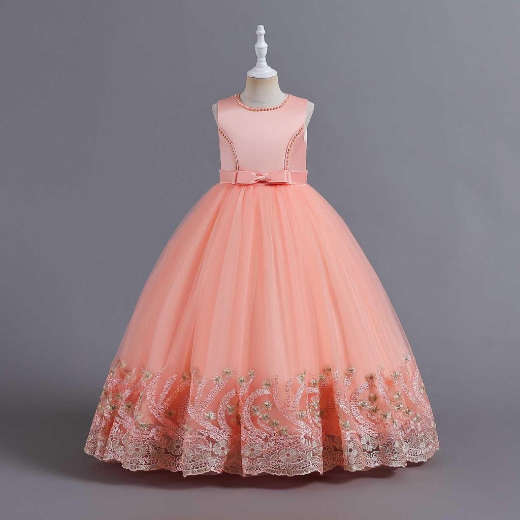 Girls' Embroidered Long Princess Dress - Puffy Wedding, Performance, Catwalk, and Evening Gown